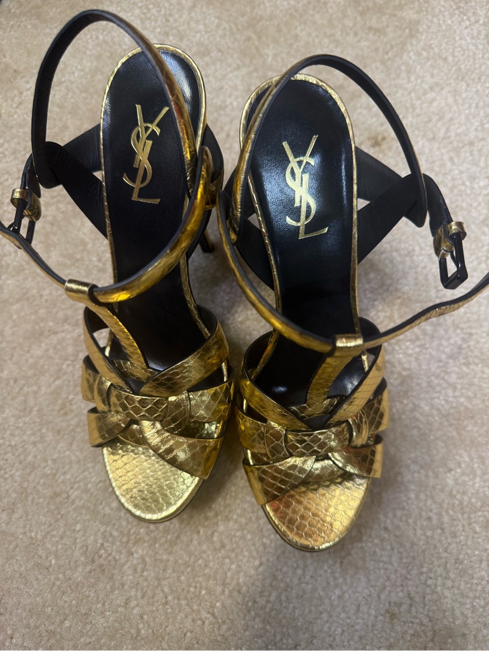 Saint Laurent Metallic Gold Snakeskin-Texture High Heel Sandals